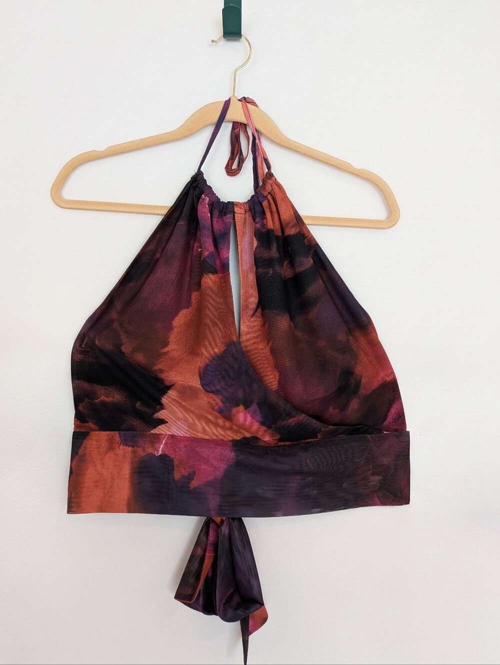 Women's Abstract Mesh Halter Crop Top XXL Tie Back Boho NEW Faux Wrap V Neck